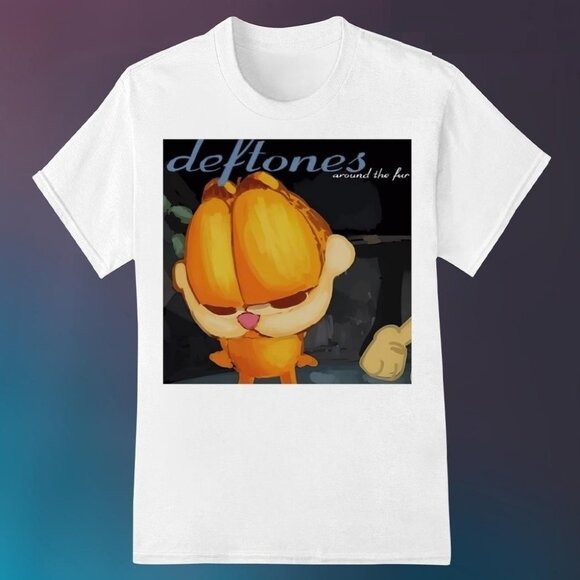 Garfield Deftones Around the Fur T-Shirt Funny Band Album Parody Tee Nu-Metal - Picture 1 of 6